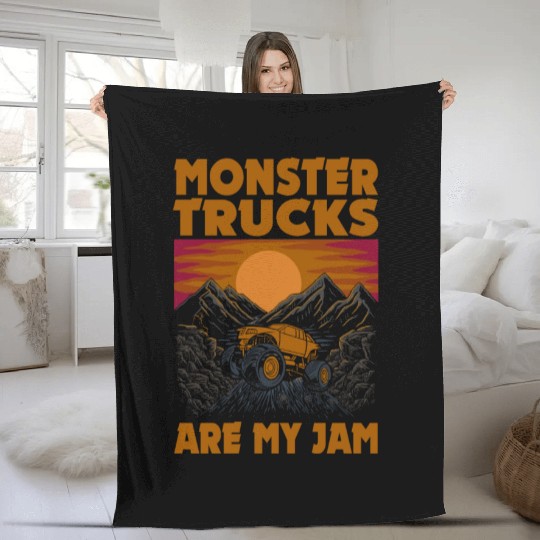 Monster Trucks Are My Jam Vintage Retro Fleece Blankets
