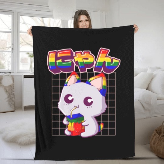 Gay Pride Kawaii Cat Strawberry Milk Rainbow Flag Fleece Blankets
