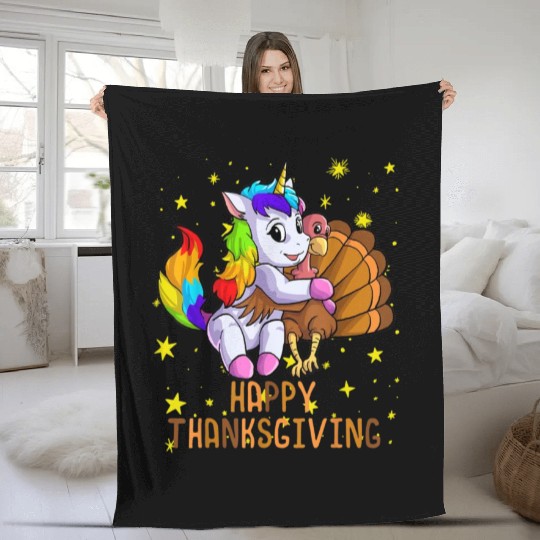 Rainbow Cute Unicorn and Turkey Happy Thanksgiving Fleece Blankets