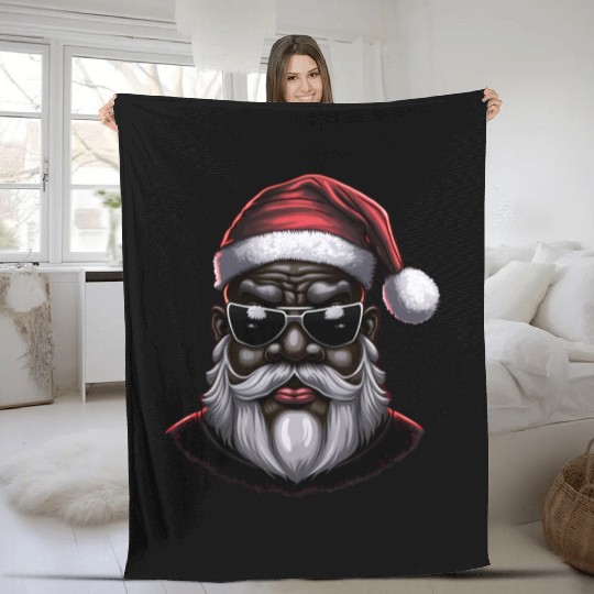 Black Santa, African American Santa Claus Fleece Blankets