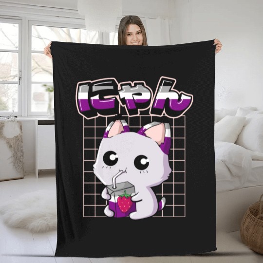 Asexual Pride Kawaii Cat Strawberry Milk Asexual F Fleece Blankets