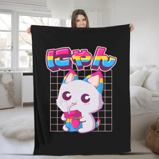 Pansexual Pride Kawaii Cat Strawberry Milk Pansexu Fleece Blankets