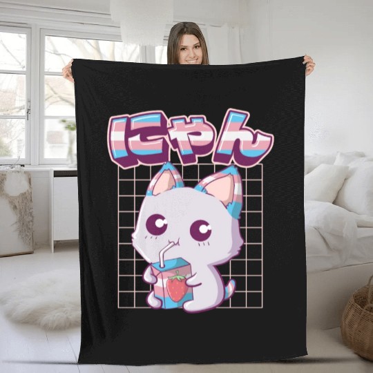 Transgender Pride Kawaii Cat Strawberry Milk Trans Fleece Blankets