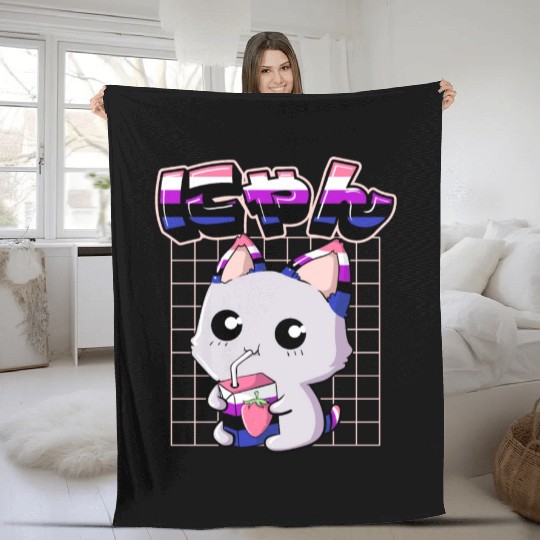 Genderfluid Pride Kawaii Cat Strawberry Milk Fleece Blankets