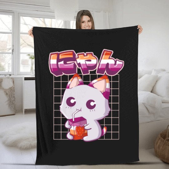 Lesbian Pride Gay Kawaii Cat Strawberry Milk Lesbi Fleece Blankets