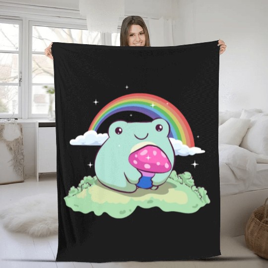 Bisexual Pride Bi Kawaii Frog Mushroom Cottagecore Fleece Blankets