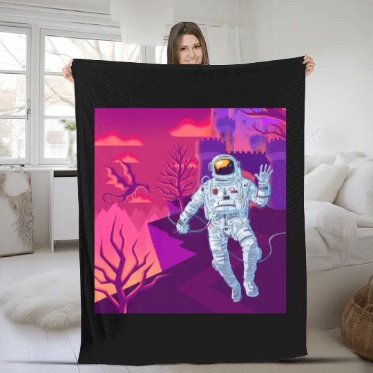 Astronaut in a fantasy world with castle dragons Fleece Blankets