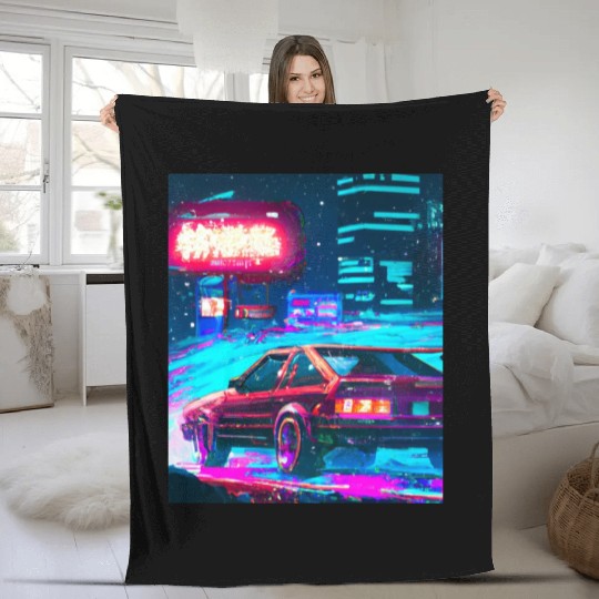 Vaporwave Car Synthwave City Fleece Blankets