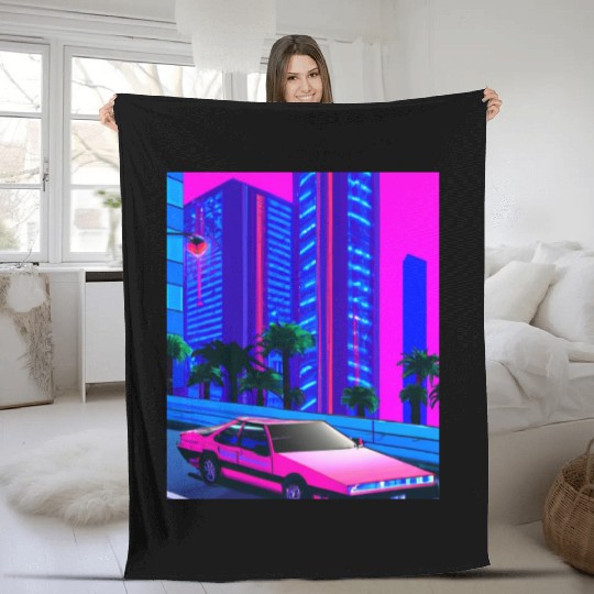 Vaporwave Car Synthwave City Fleece Blankets