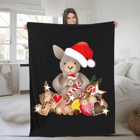 cute kangaroo for christmas with santa hat Fleece Blankets