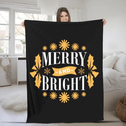 Merry And Bright Snowflakes Mistletoe Xmas Holiday Fleece Blankets