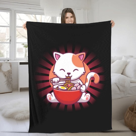Cat Eating Ramen Fleece Blankets