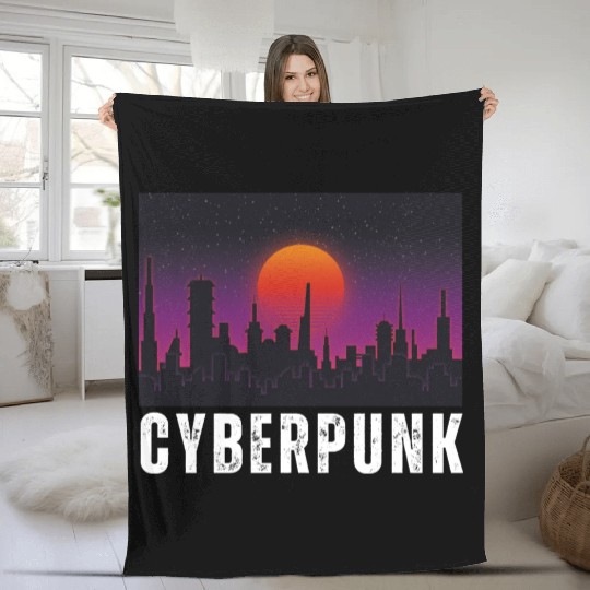 Cyberpunk City Skyline, Science Fiction / Sci-Fi. Fleece Blankets