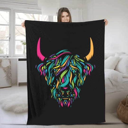 Funny Cow highland cow animal colorful Fleece Blankets