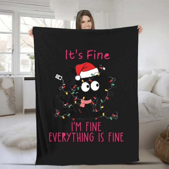 Everything's Fine Black Cat Tangled in XMAS Light Fleece Blankets