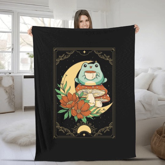 Cottagecore Aesthetic Tarot Card Frog Sipping Tea Fleece Blankets