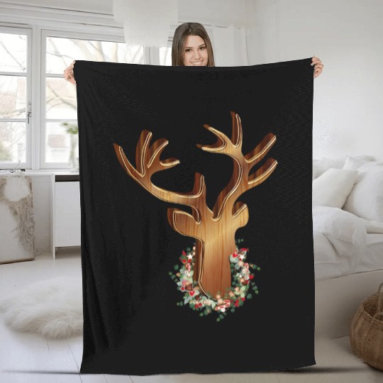 Deer head in wood look with Christmas wreath Fleece Blankets