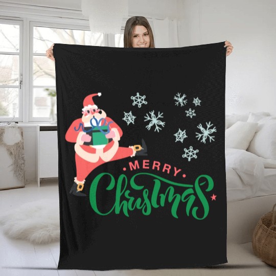 Merry Christmas in Green Font and Pink Santa Fleece Blankets