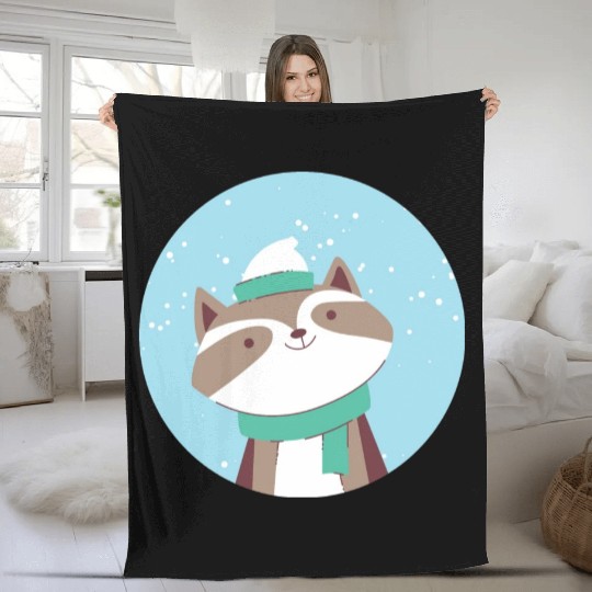 kawaii cute funny raccoon feels cold in winter Fleece Blankets