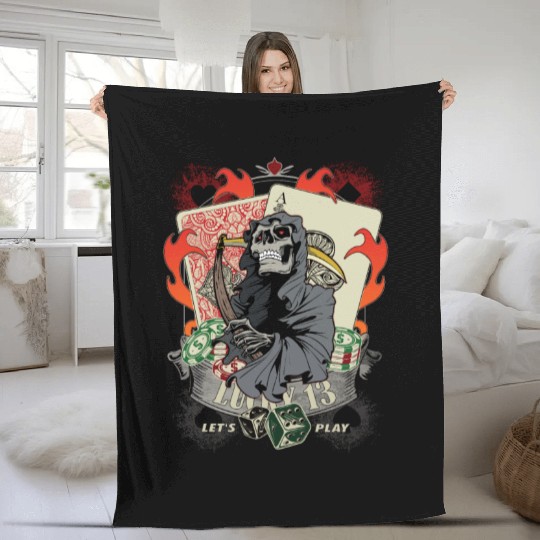 Let us play Poker Lucky 13 Skull gift Fleece Blankets