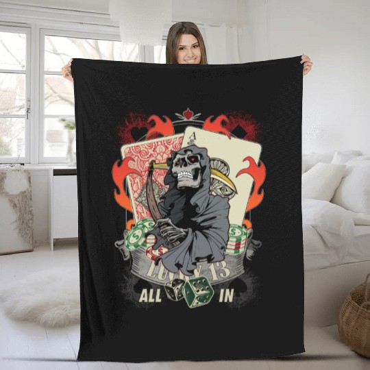 All in Poker Lucky 13 Skull gift Fleece Blankets