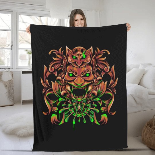 Bronze Neon Oni Mask Fleece Blankets