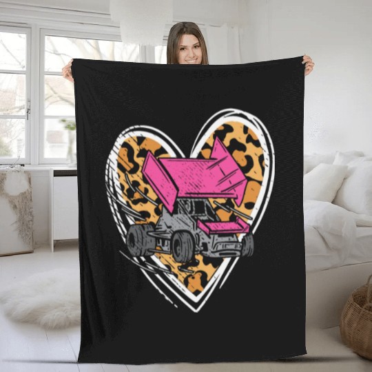Sprint Car Dirt Track Love Racer Leopard Heart Pin Fleece Blankets