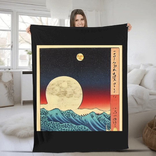 Ukiyo-e Moon over Mountain Range, Japanese Print Fleece Blankets