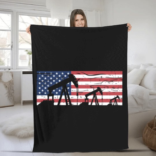 US American Flag Oilfield Oil Field Rig Refinery W Fleece Blankets