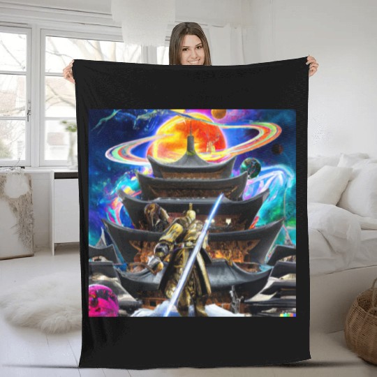 Painting of a warrior fighting in an alien world. Fleece Blankets