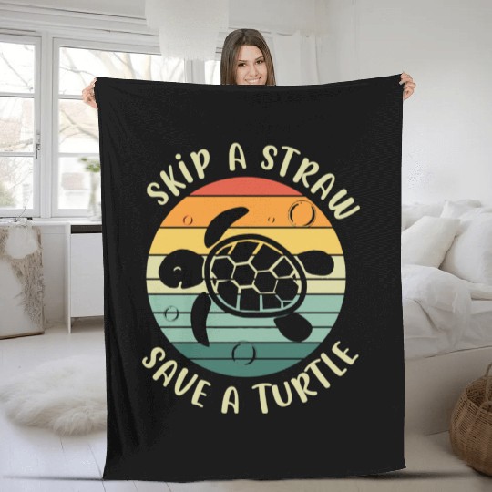 Skip A Straw Save A Turtle Retro Sunset Sea Turtle Fleece Blankets