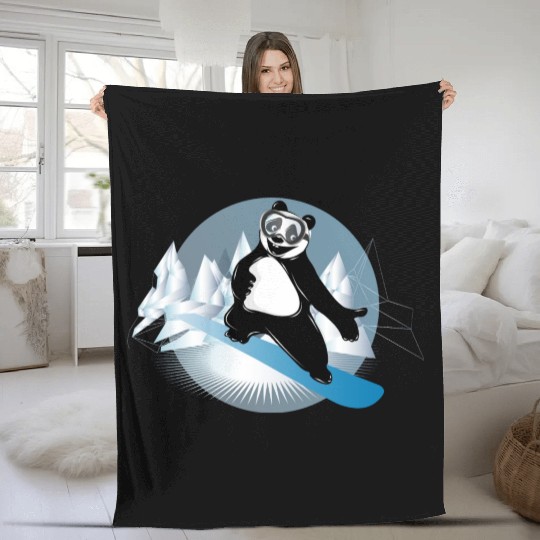 cool panda bear is snowboarding in the mountains Fleece Blankets