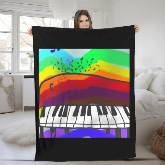A beautiful piano in front of a colorful rainbow Fleece Blankets