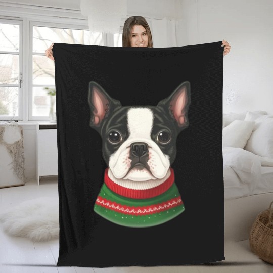 Festive Boston Terrier in a Christmas Sweater Fleece Blankets