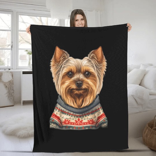 Festive Yorkshire Terrier in a Christmas Sweater Fleece Blankets