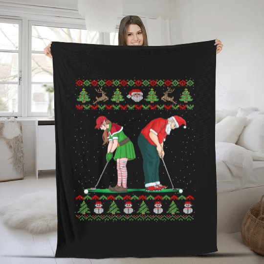 Golf Elf Golfer Ugly Christmas Santa Claus Golfing Fleece Blankets