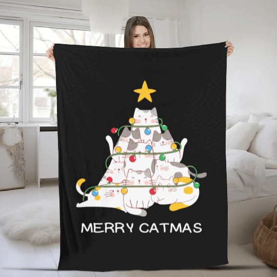 Meowy And Bright Christmas Tree Lights Funny Meowy Fleece Blankets