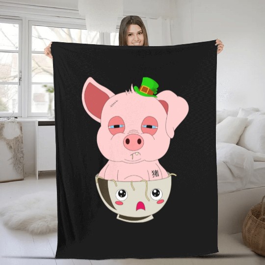 St Patricks Day Lucky Pig In A Kawaii Ramen Bowl Fleece Blankets