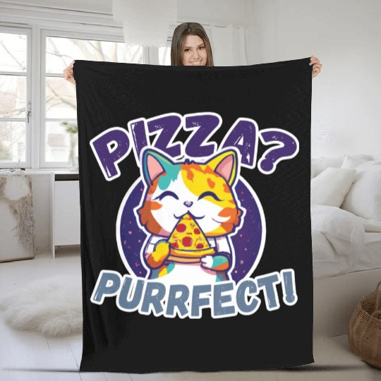 Pizza Purrfect Cat eating Pizza Fleece Blankets