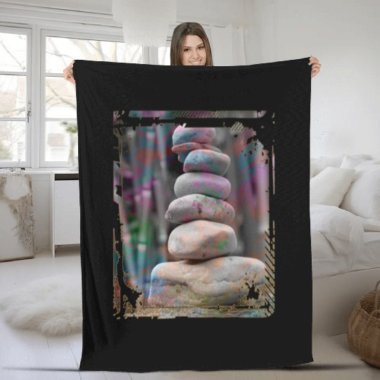 Japan Zen Buddhism Balancing Stones Rocks Bamboo Fleece Blankets