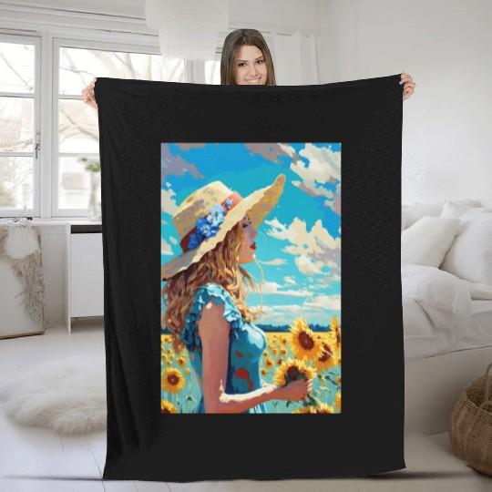 Sunflower girl summer Fleece Blankets