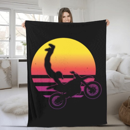 Motocross Jump Vaporwave Sunset Dirtbike Stunt Fleece Blankets