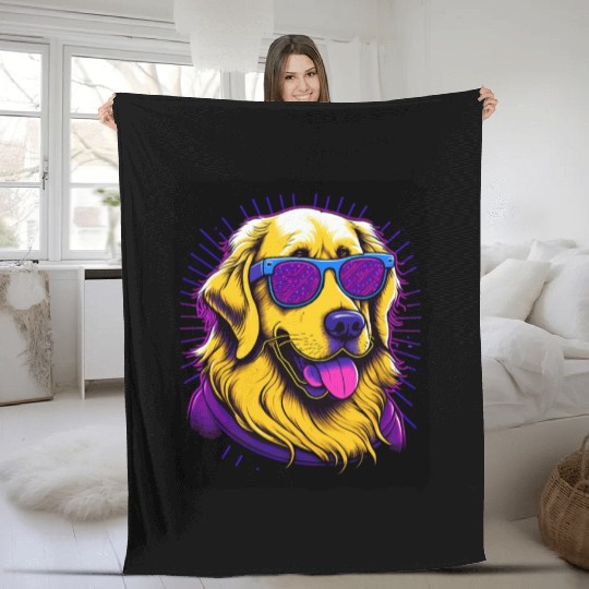 Golden Retriever Dog with Sunglasses Fleece Blankets