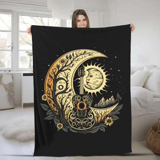 Cottagecore Acoustic Guitar With Moon, Sun, Stars Fleece Blankets