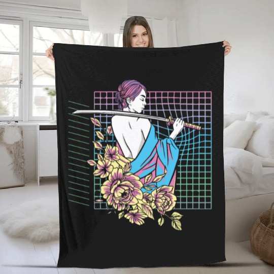 Vaporwave Samurai Fighter Anime Girl Fleece Blankets