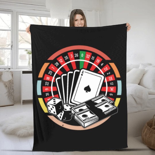 Poker Cards Roulette Wheel Casino Gambling Fleece Blankets