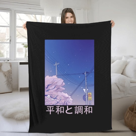 Night Stars Sky Japanese Vaporwave Cherry Blossom Fleece Blankets