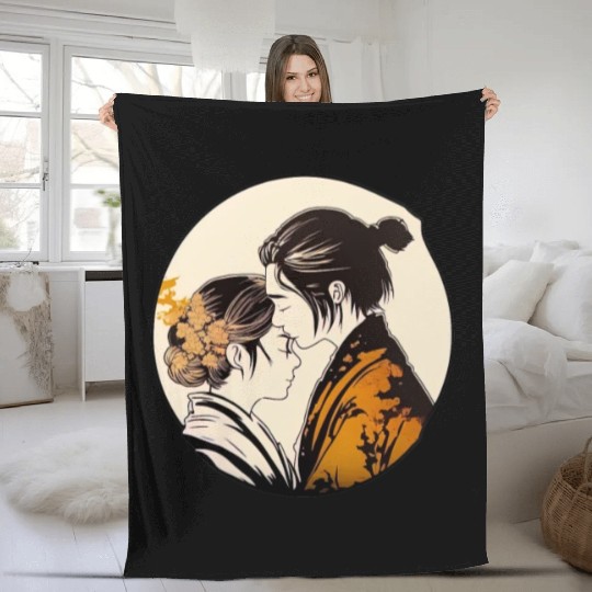 Romantic Embrace, Ukiyo-E Valentine's Day Design, Fleece Blankets