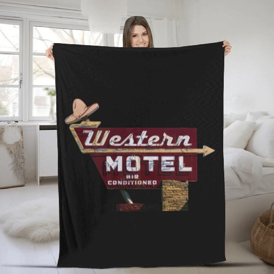 Route 66 Neon Western Motel Bethany Oklahoma Fleece Blankets