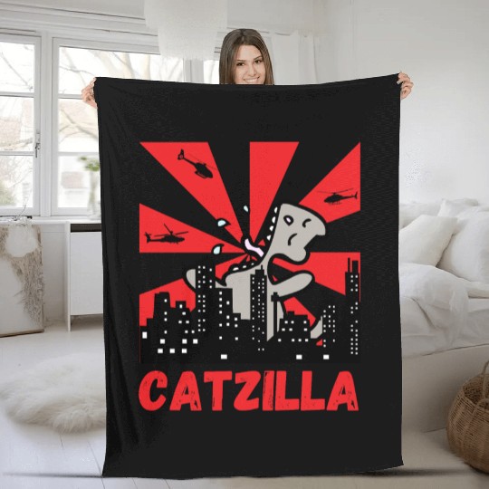 Catzilla funny cat Japanese Sunset Fleece Blankets